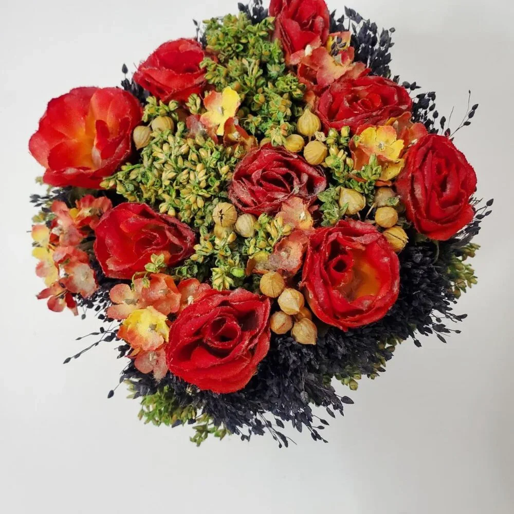 Faux Red Roses & Flowers in tree trunk arrangement home decor (New without box)